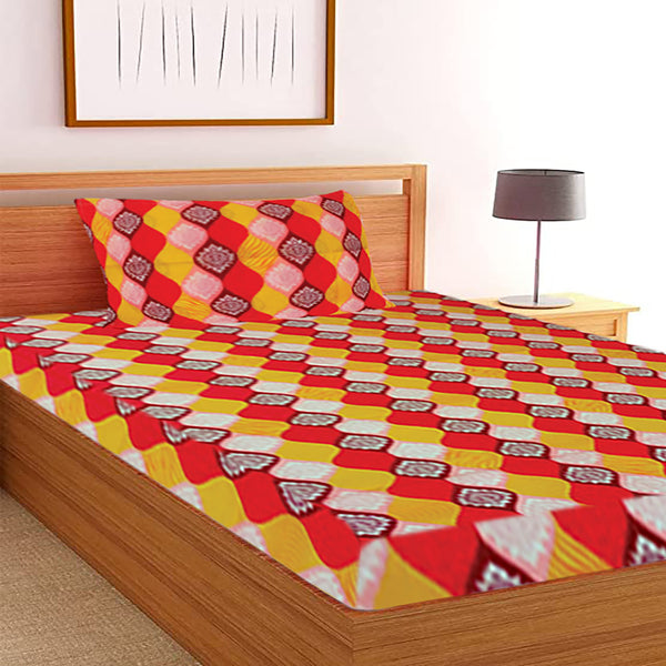 T.T. Red & Yellow Geometric Print Single Bedsheet With 1 Pillow Cover
