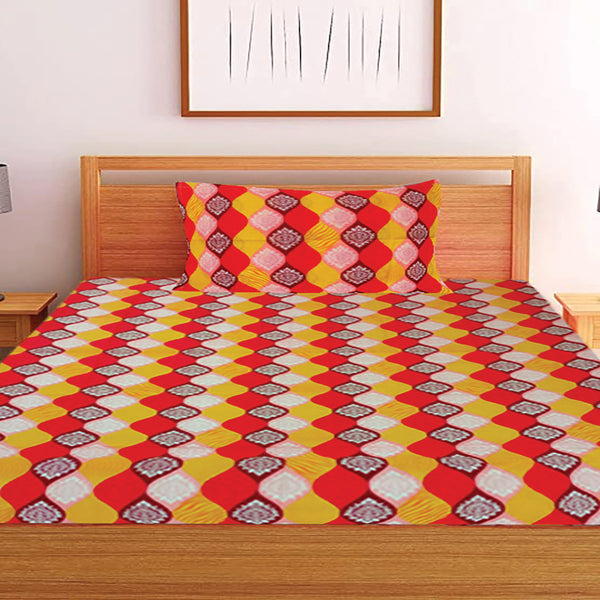 T.T. Red & Yellow Geometric Print Single Bedsheet With 1 Pillow Cover