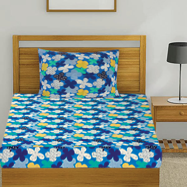 T.T. Teal & Yellow Floral Print Single Bedsheet With 1 Pillow Cover