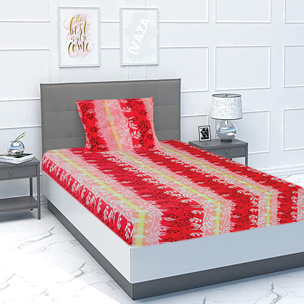 T.T. Red & Lt. Pink Floral Print Single Bedsheet With 1 Pillow Cover