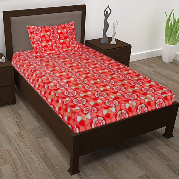 T.T. Peach & Red Floral Print Single Bedsheet With 1 Pillow Cover