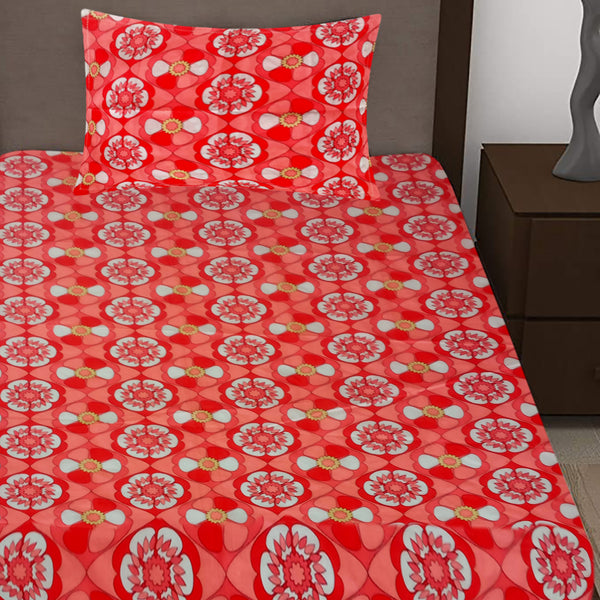 T.T. Peach & Red Floral Print Single Bedsheet With 1 Pillow Cover