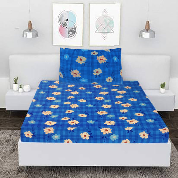 T.T. Blue & Yellow Floral Print Single Bedsheet With 1 Pillow Cover