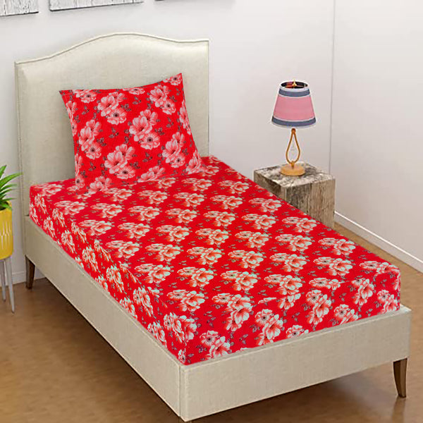 T.T. Coral & White Floral Print Single Bedsheet With 1 Pillow Cover