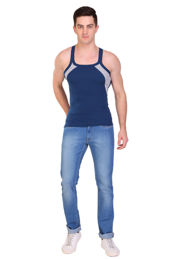 T.T. Men DesignerGym Vest Pack Of 3 Blue-Grey-Olive-Black-Blue-Red