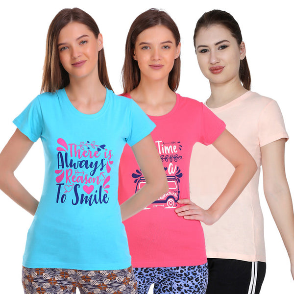 T.T. Women Slim Fit Printed Round Neck T-Shirt Aqua-Pink-Skin