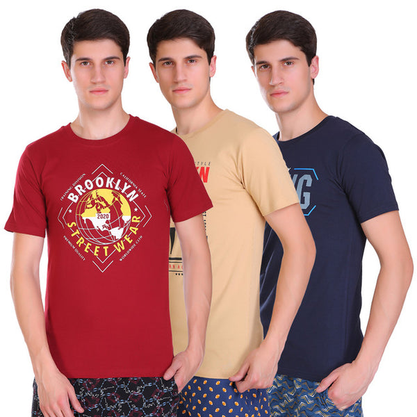 T.T. Men Slim Fit Printed Round Neck T-Shirt Maroon-Skin-Navy