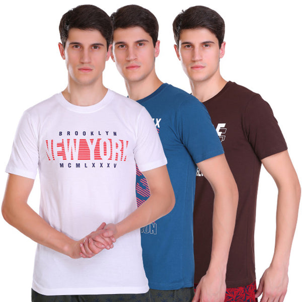 T.T. Men Slim Fit Printed Round Neck T-Shirt White-Teal-Brown