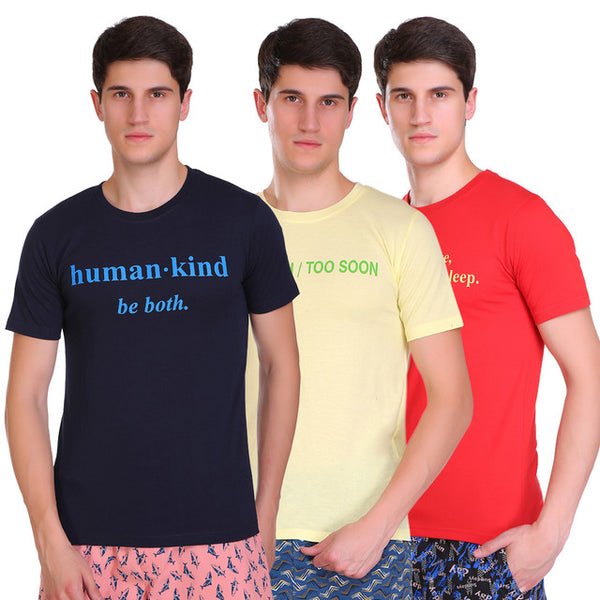 T.T. Men Slim Fit Printed Round Neck T-Shirt Yellow-Navy-Red