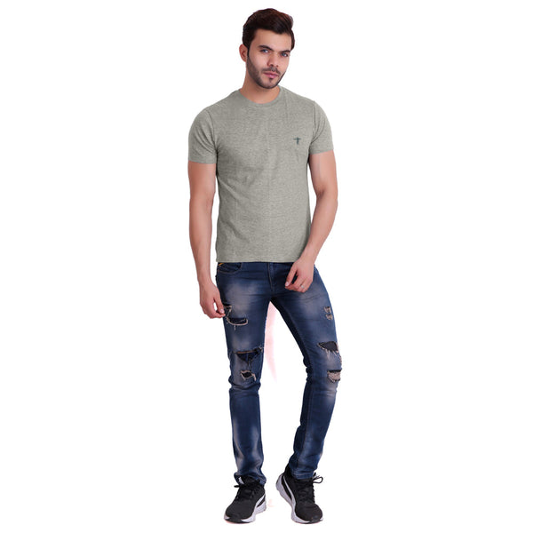 T.T. Men Grey Mã©Lange Round Neck T-Shirt