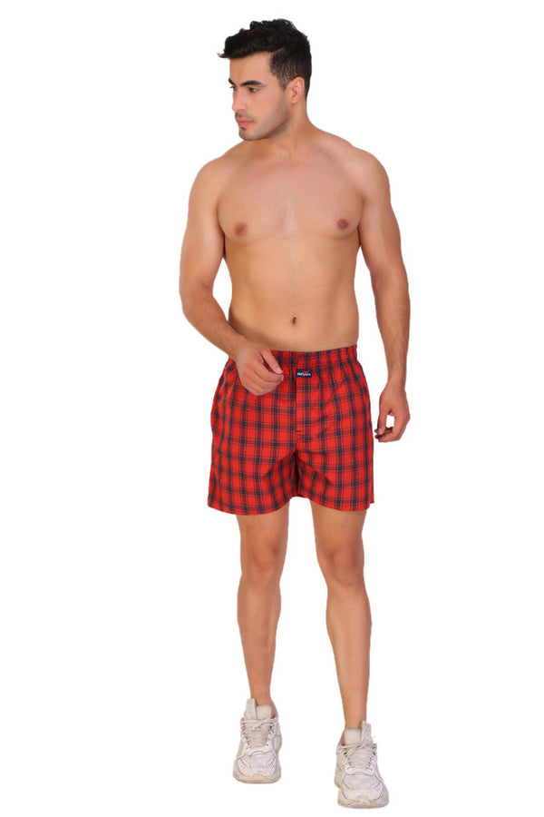 HiFlyers Men Checked Cotton Boxer Short Red