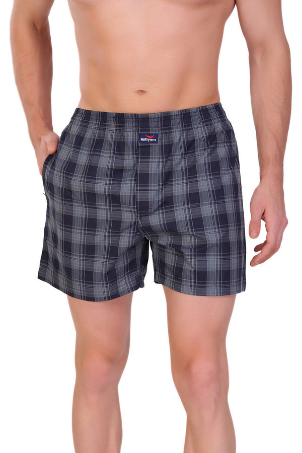HiFlyers Men Checked Cotton Boxer Short Grey Blue