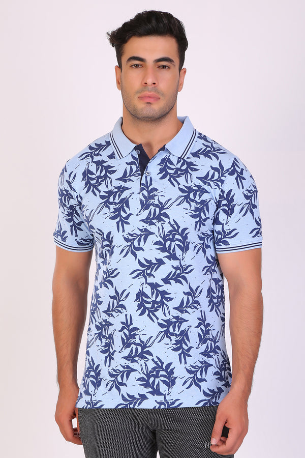 Men Slim Fit Printed Blue Polo T-Shirts