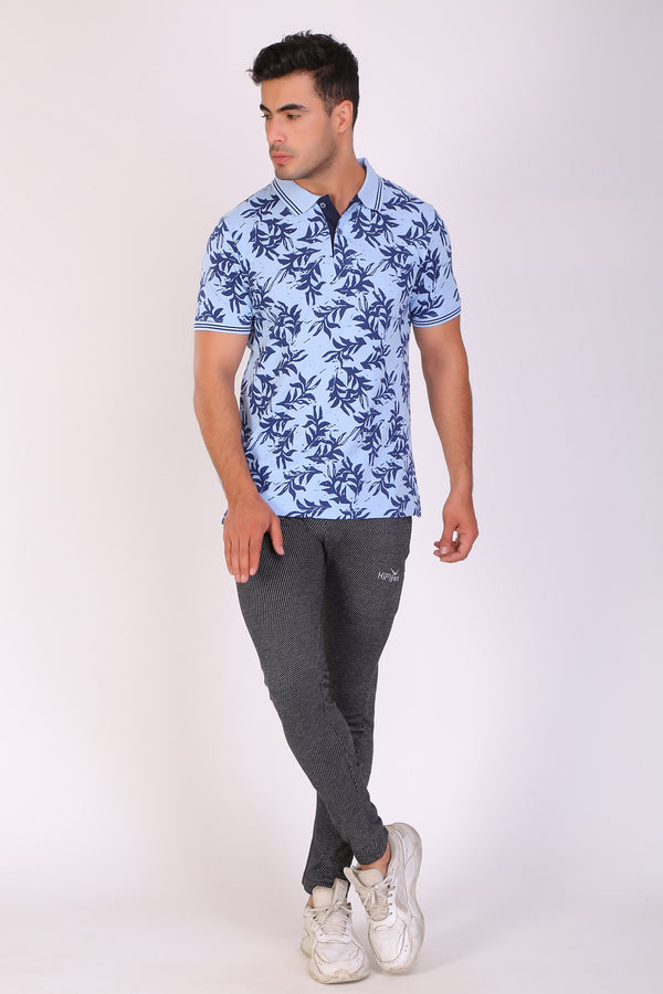 Men Slim Fit Printed Blue Polo T-Shirts