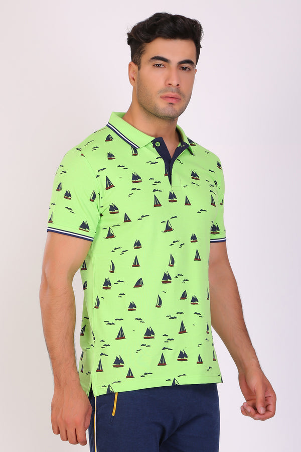 Men Slim Fit Printed Green Polo T-Shirts