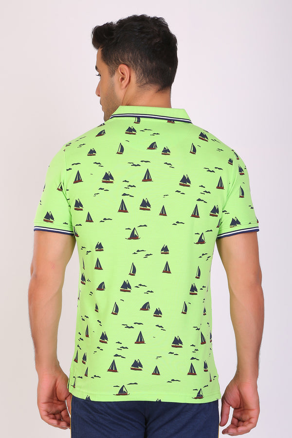 Men Slim Fit Printed Green Polo T-Shirts