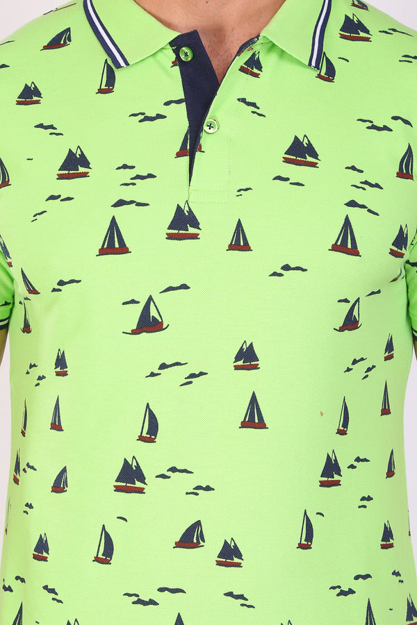 Men Slim Fit Printed Green Polo T-Shirts