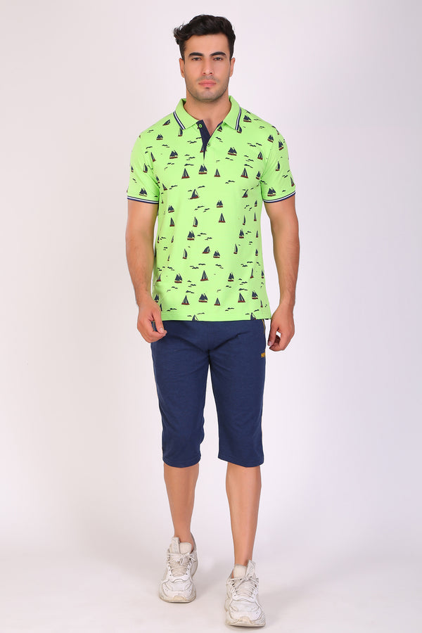 Men Slim Fit Printed Green Polo T-Shirts