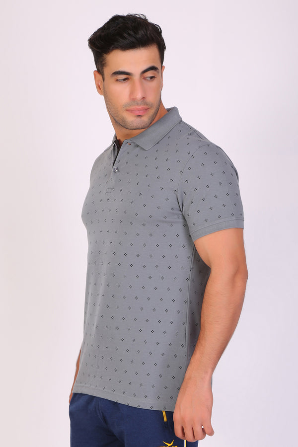 Men Slim Fit Printed Grey Polo T-Shirts