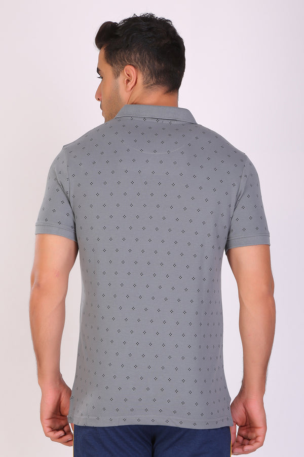 Men Slim Fit Printed Grey Polo T-Shirts