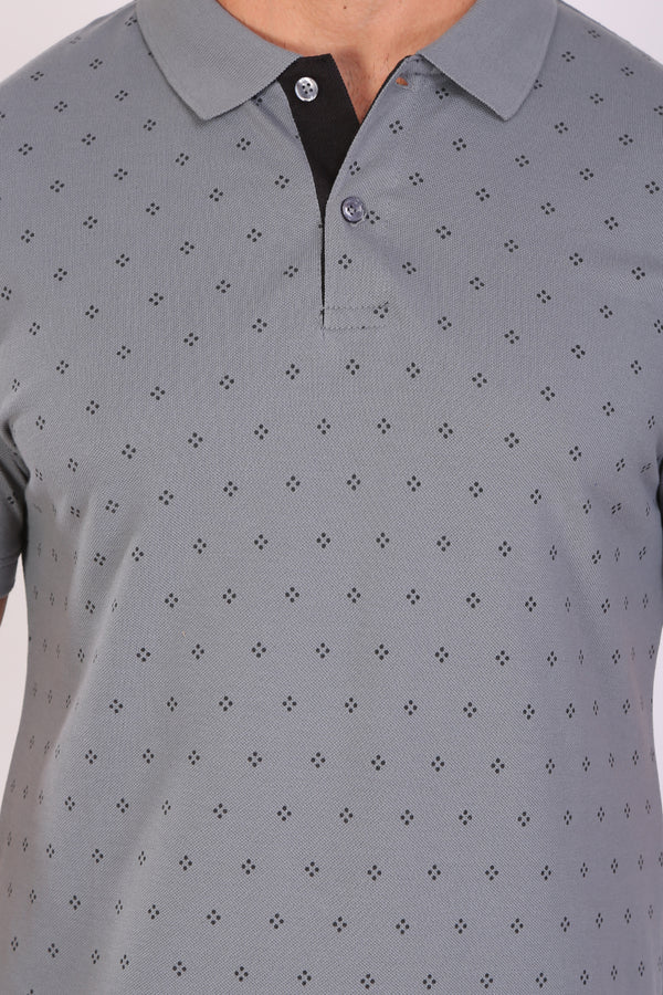 Men Slim Fit Printed Grey Polo T-Shirts