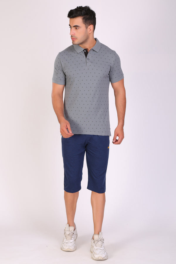 Men Slim Fit Printed Grey Polo T-Shirts