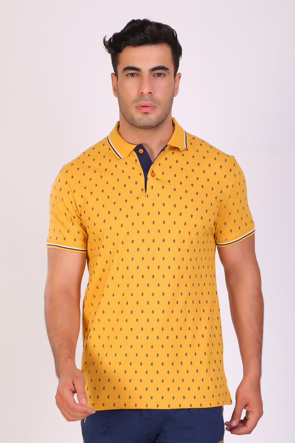 Men Slim Fit Printed Yellow Polo T-Shirts
