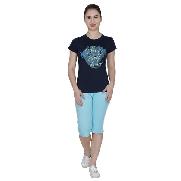T.T. Women Slim Fit Printed Round Neck Printed T-Shirt Navy