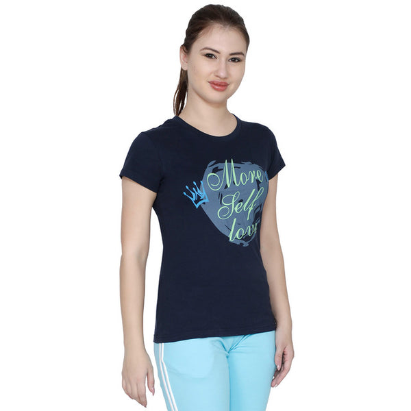 T.T. Women Slim Fit Printed Round Neck Printed T-Shirt Navy
