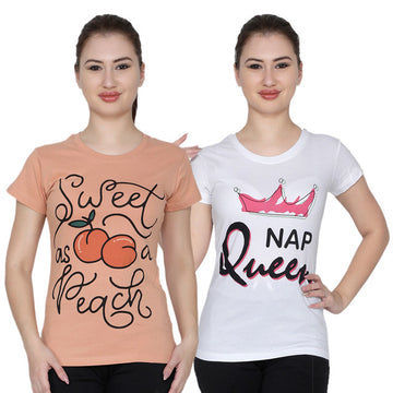 T.T. Women Printed Slim Fit Tshirt Pack Of 2 Almonds::White