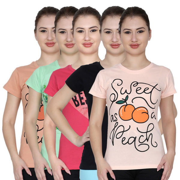 T.T. Women Printed Slim Fit Tshirt Pack Of 5 Assorted