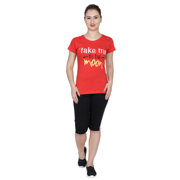 T.T. Women Printed Slim Fit Tshirt Pack Of 2 Sky-Red