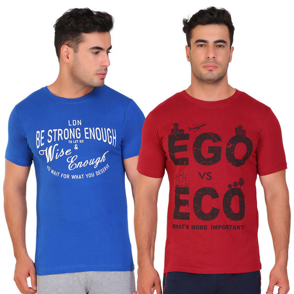 T.T. Men Printed Slim Fit Tshirt Pack Of 2 Blue -Maroon