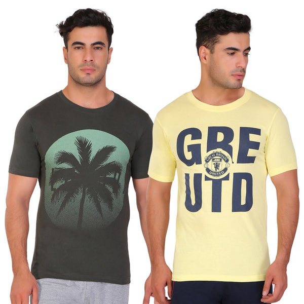 T.T. Men Printed Slim Fit Tshirt Pack Of 2 Yellow -Green