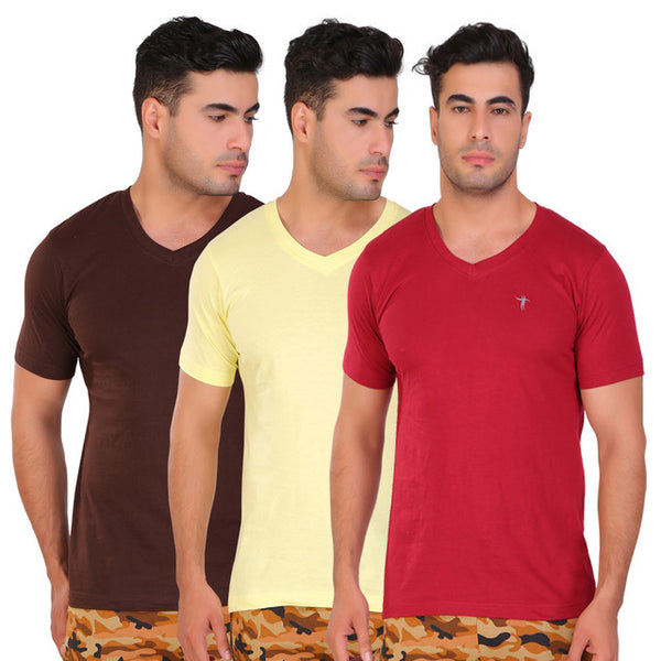 T.T. Men Slim Fit V-Neck T-Shirt Solid Pack Of 3 Maroon-Yellow-D.Brown