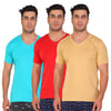 T.T. Men Slim Fit V-Neck T-Shirt Solid Pack Of 3 Red-Skin-Sky