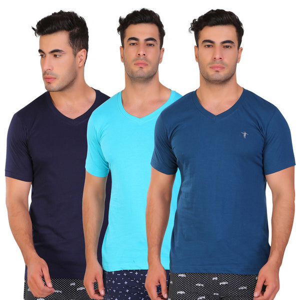 T.T. Men Slim Fit V-Neck T-Shirt Solid Pack Of 3 Navy-Trqs-Teal