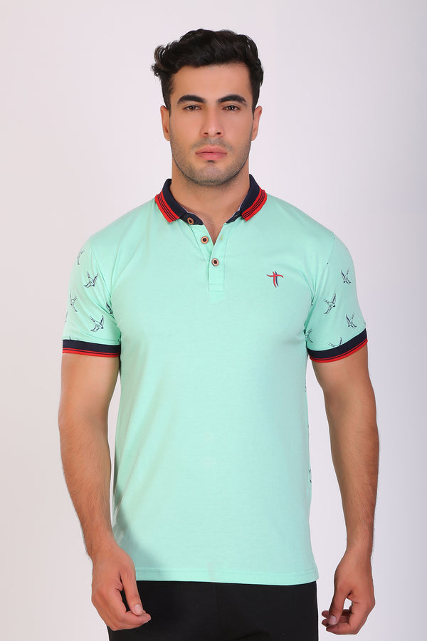 Men Slim Fit Printed Aqua T-Shirt