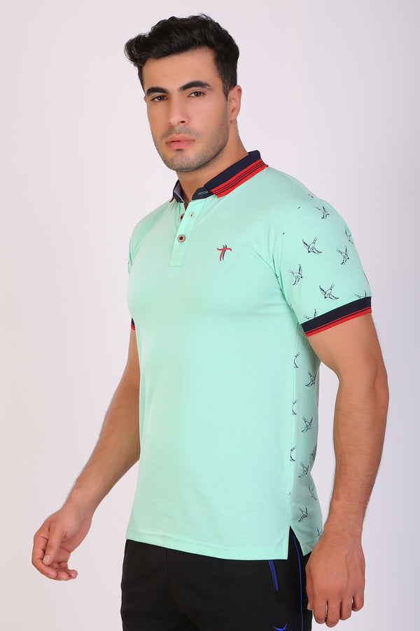 Men Slim Fit Printed Aqua T-Shirt