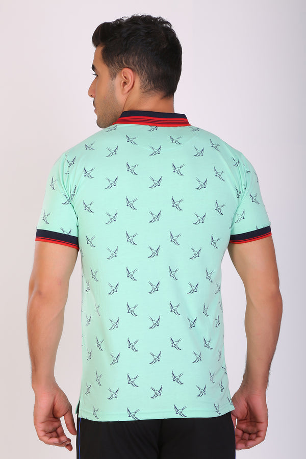 Men Slim Fit Printed Aqua T-Shirt