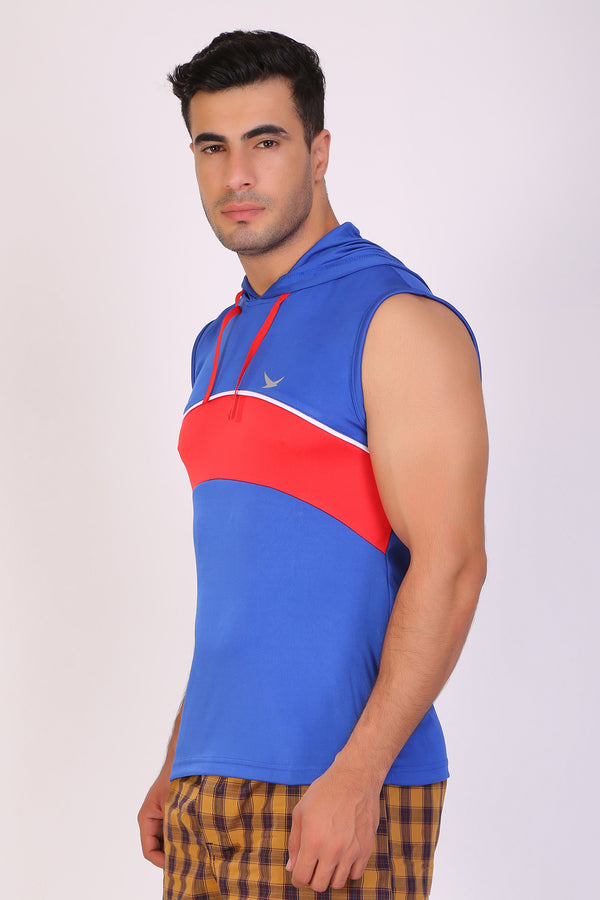 Men Blue-Red Hooded Sports T-Shirts