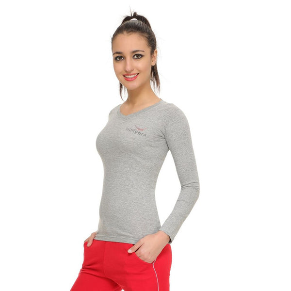 HiFlyers Women Full Sleevs T-Shirts V Neck Grey
