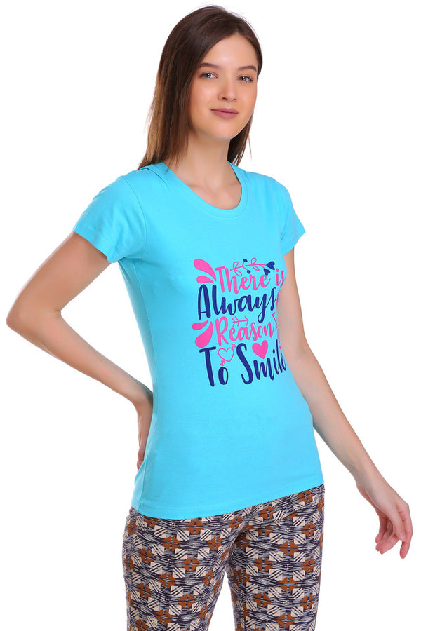 T.T. Women Slim Fit Round Neck Printed Tshirt Aqua