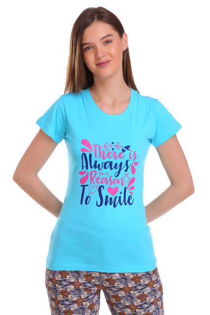 T.T. Women Slim Fit Printed Round Neck T-Shirt Aqua-Pink-Skin