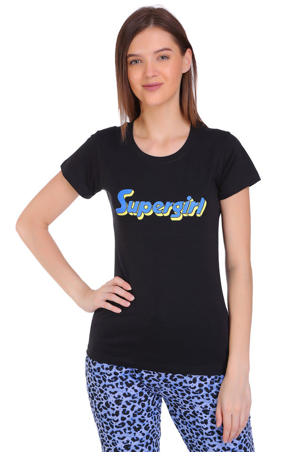 T.T. Women Slim Fit Round Neck Printed Tshirt Black