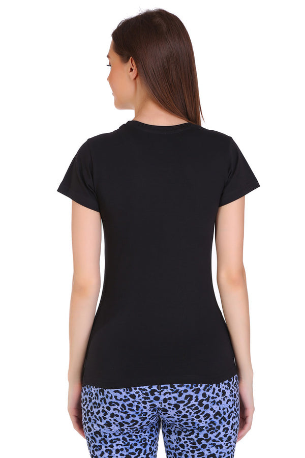 T.T. Women Slim Fit Round Neck Printed Tshirt Black