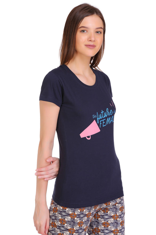T.T. Women Slim Fit Round Neck Printed Tshirt Navy