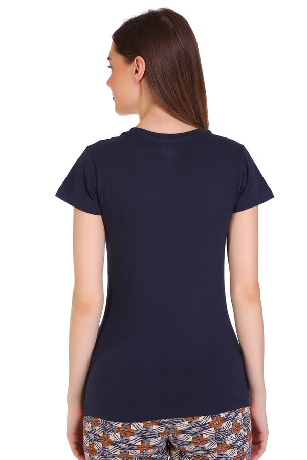 T.T. Women Slim Fit Round Neck Printed Tshirt Navy