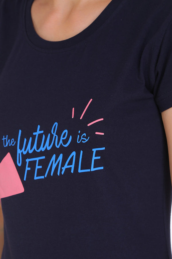 T.T. Women Slim Fit Round Neck Printed Tshirt Navy