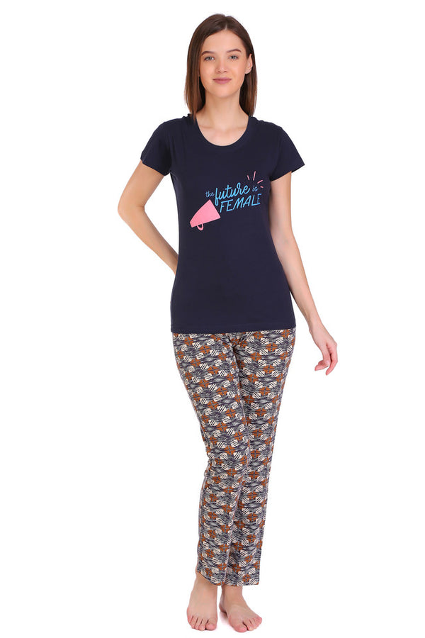 T.T. Women Slim Fit Round Neck Printed Tshirt Navy